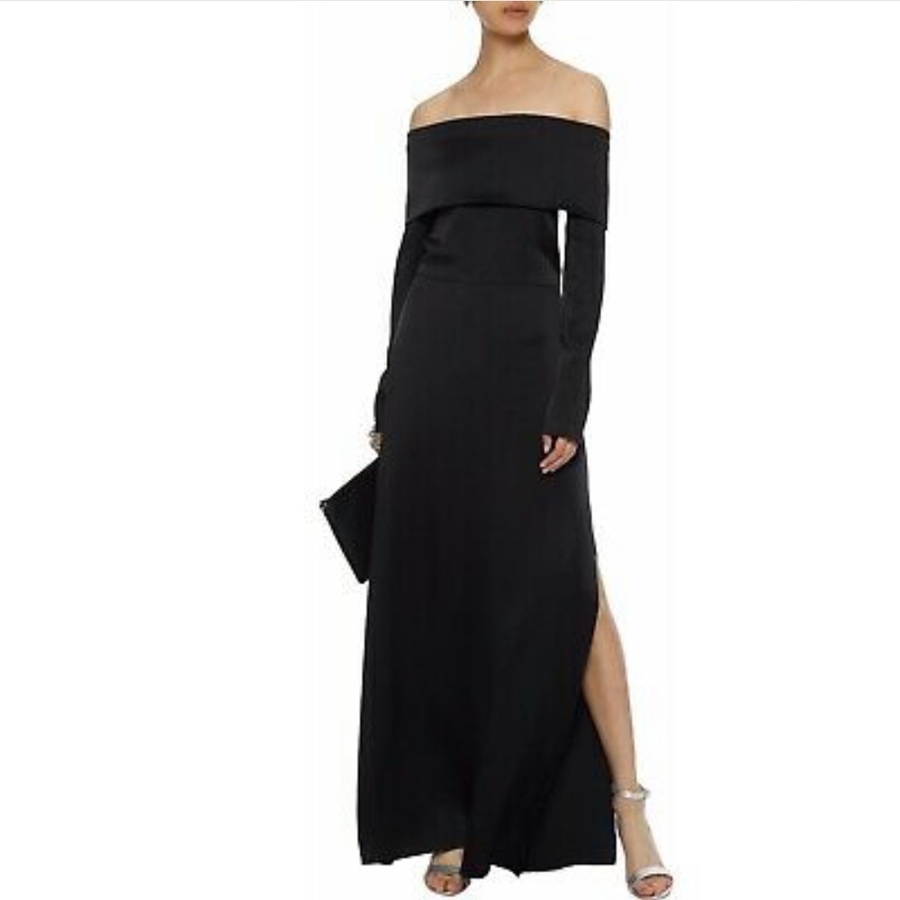 NEW THEORY Kensington Rev Elegant Maxi Black Satin Off the Shoulder Gown Size 10